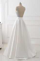 A Line Brush Train Deep V Neck Sleeveless Beading Semi Formal Prom Dresses